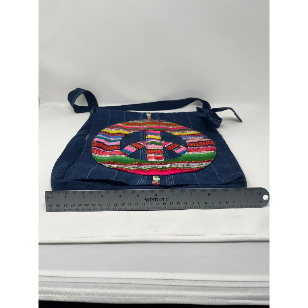 Peace Sign Messenger Bag Unisex Large Blue Multi Excellent Boho Patchwork